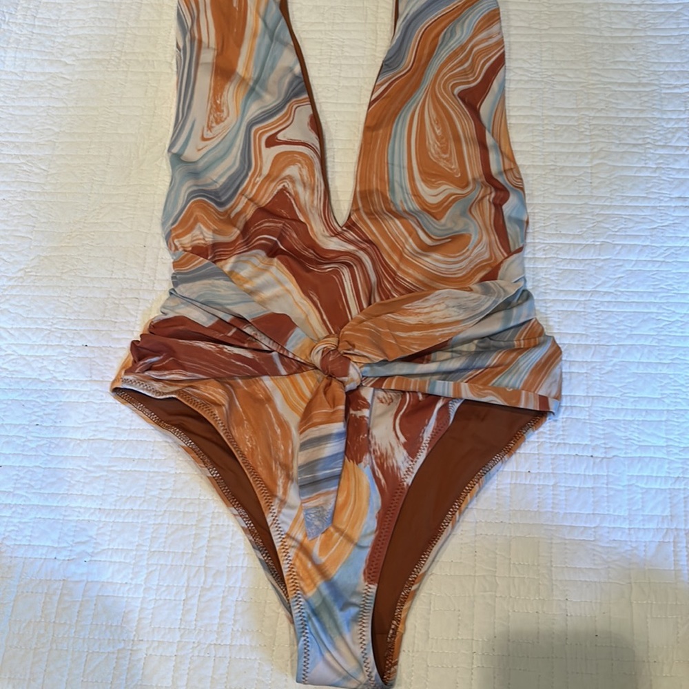 Zara Marble-Print One-Piece Swimsuit in Brown, Blue & Cream - Picture 4 of 10